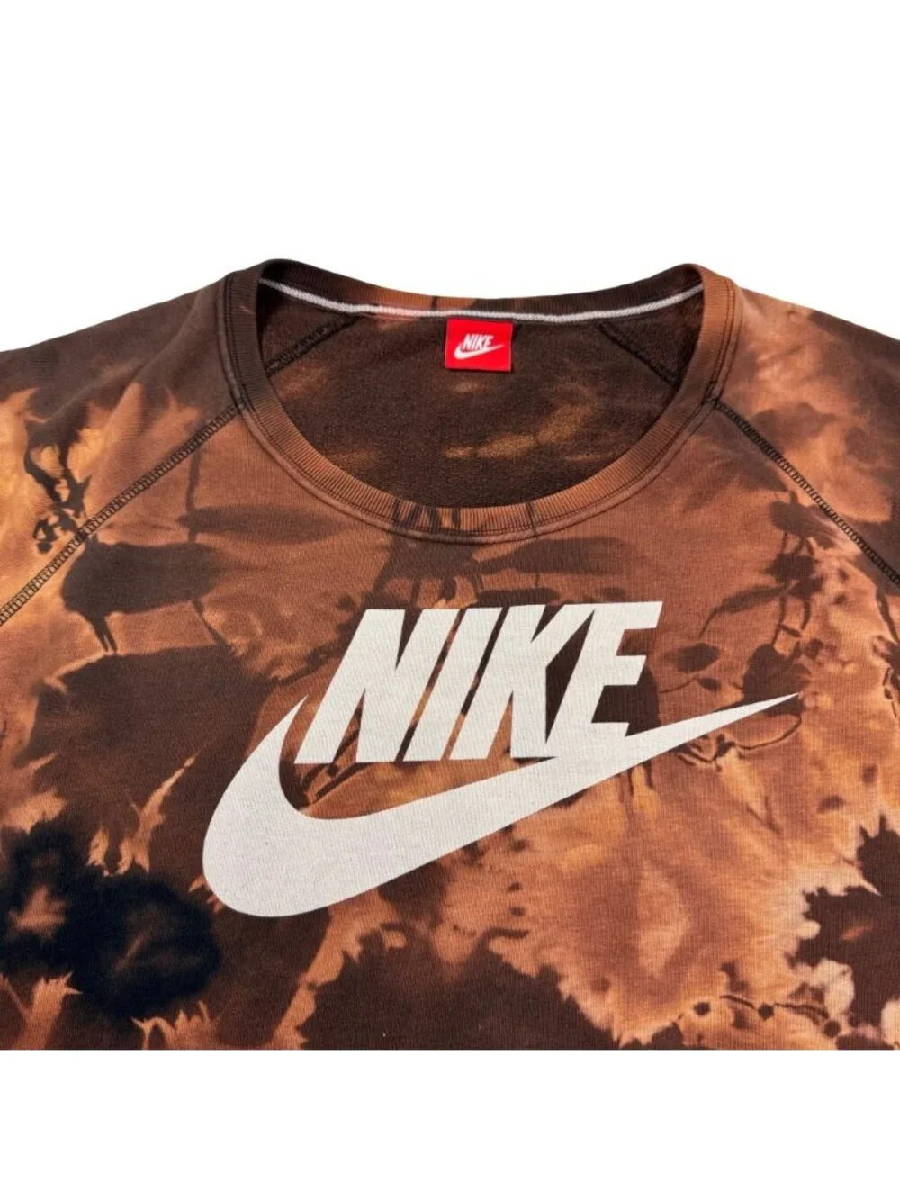 Nike Sweatshirt Mens XL Custom Bleach Tie Dye Pullover Brown Y2K Grunge Logo